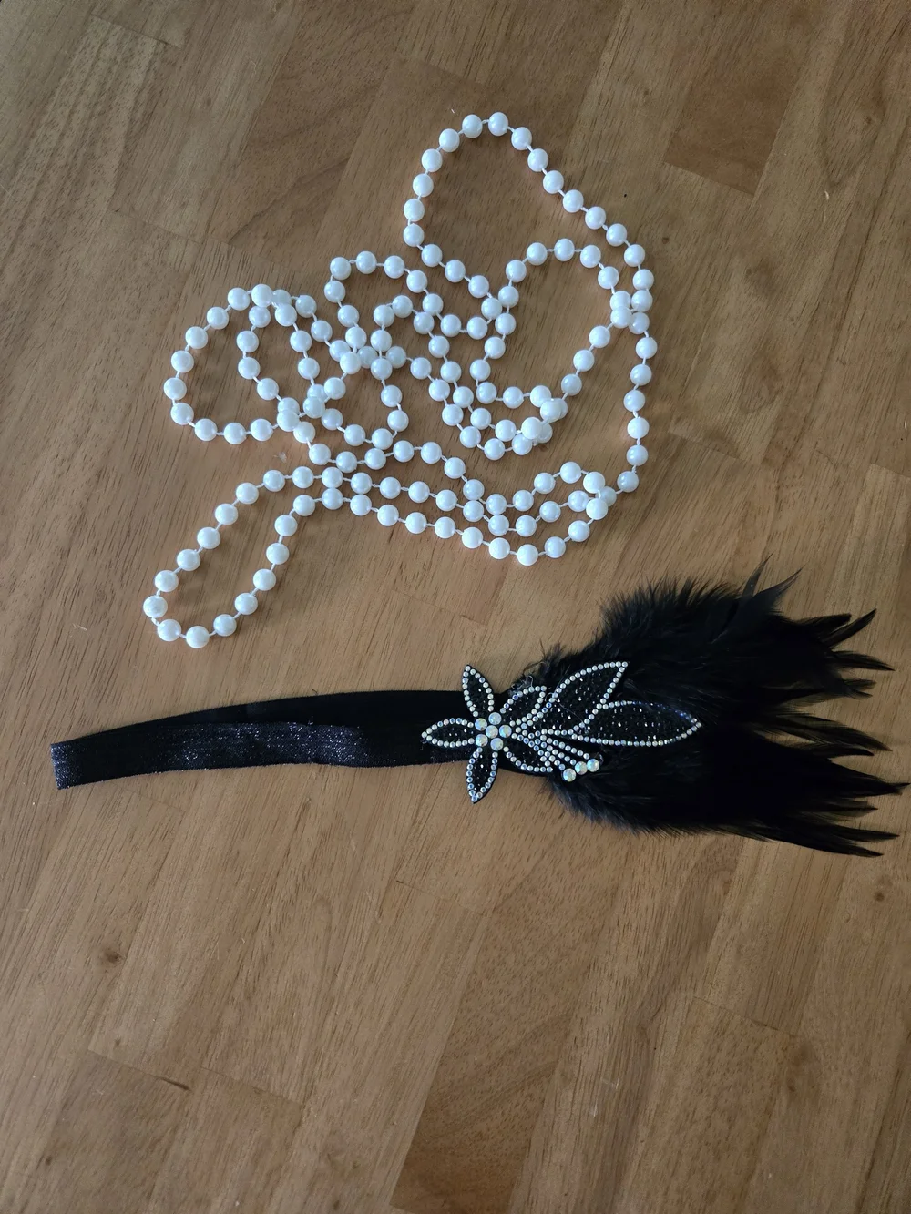 Black Feather & Rhinestone Flapper Headband with White Costume Pearl Bead Strand